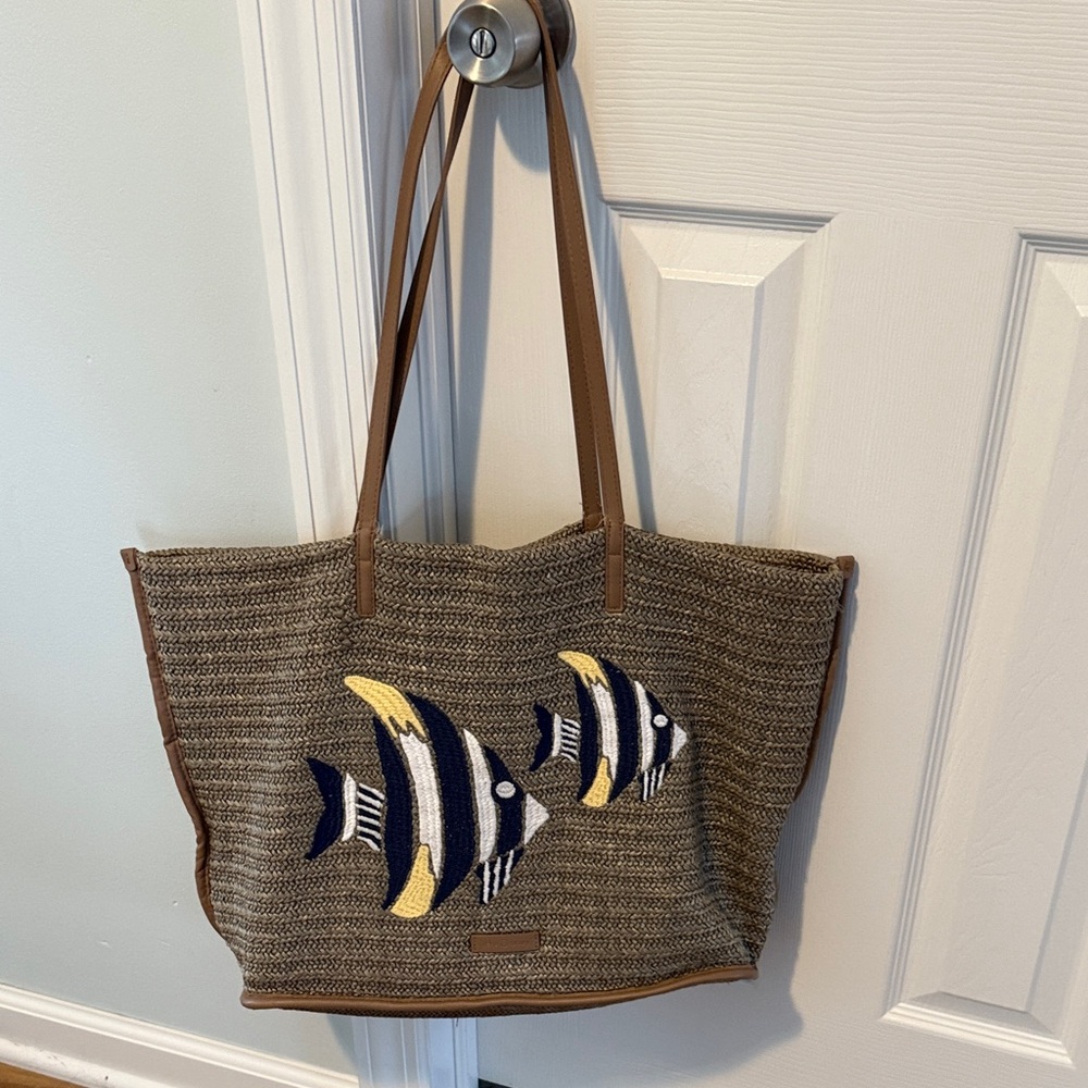 Brown Fish Embroidered Tote Bag